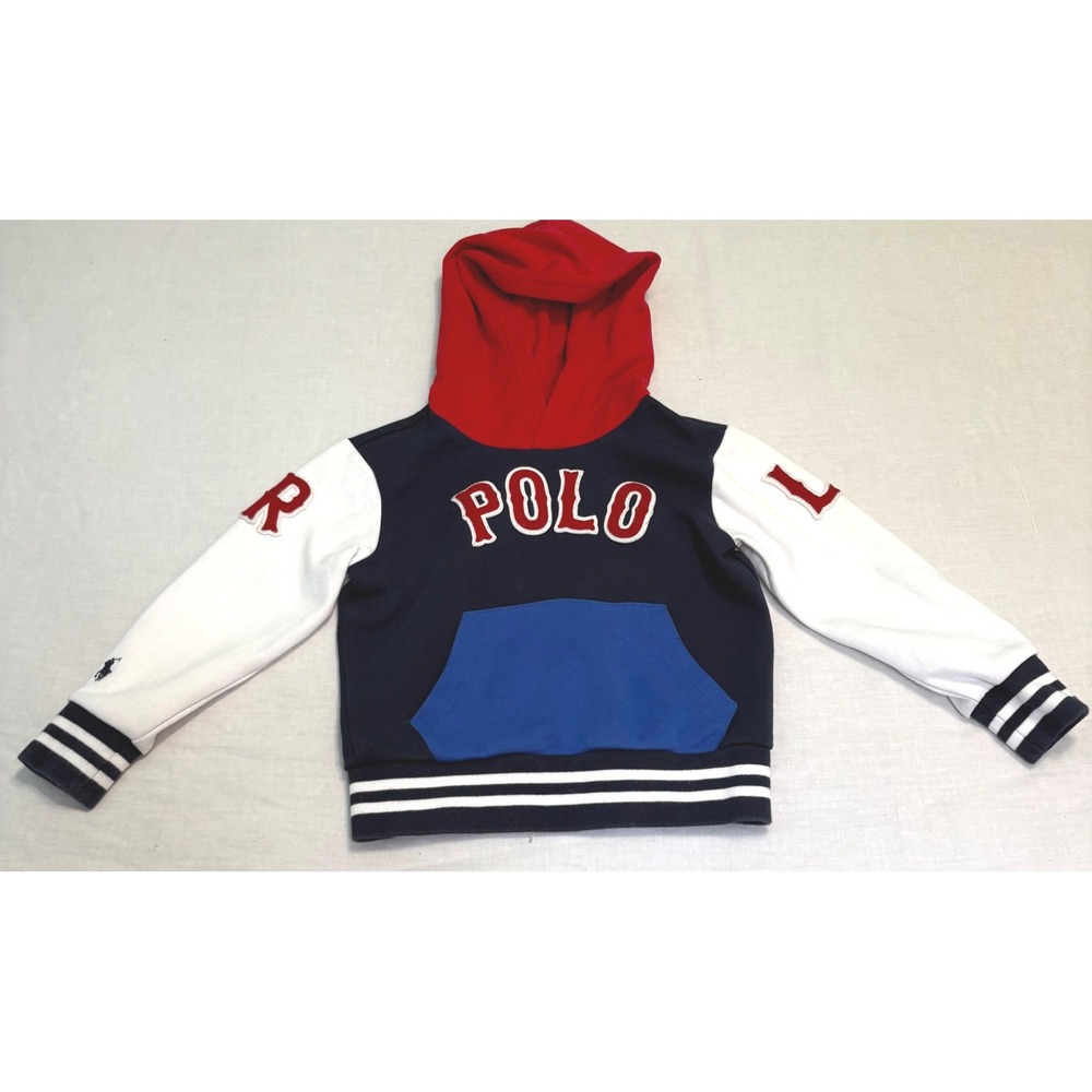 Polo Ralph Lauren Hoodie Kids 3 Colorblock Varsity Chenille Logo Navy Red White
